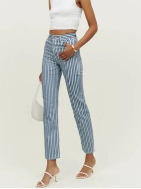 Reformation Blue and White Striped Straight Leg Jeans